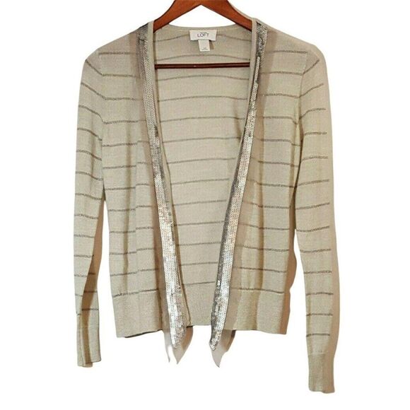 Loft Ann Taylor Open Cardigan Sweater Sz XS Lightwt Gray Silver Stripe Sequins - Picture 1 of 4
